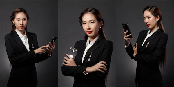 Collage group Portrait Half Body 20s Asian Business woman black formal Suit, studio lighting dark background, Female Model poses many act, check digital mobile phone as manager profile