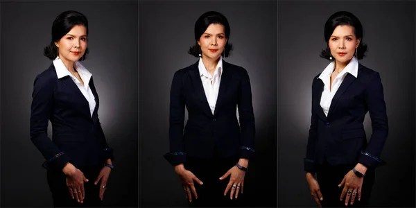 Collage Group Half Body Portrait of 40s Asian Woman black short hair white formal suit jacket. Female stands and poses many looks over dark Background isolated