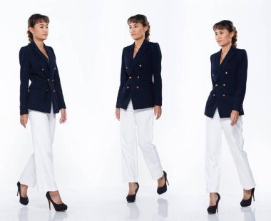 Kolaj Grubu 20 'li yaşlardaki Asyalı kadın portresi kahverengi pia rengi mavi takım elbise ve ayakkabılar. Kız sol tarafa doğru yürür, beyaz arkaplan üzerinden birçok bakış açısını izole eder.