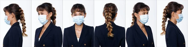 20年代亚洲女子棕色皮亚发蓝西服的胶合组面部头像 女孩戴着外科面罩 在360多个角度上保护病毒围观 与白色背景隔离 — 图库照片