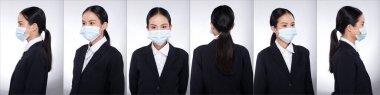 Kolaj Grubu 20 'li yaşlardaki Asyalı kadın portresi. Siyah saçlı, beyaz gömlekli. Ofis kızı 360 yaşına girdi. Arkadan bir sürü bakış attı. Beyaz arka planda koruyucu yüz maskesi taktı.