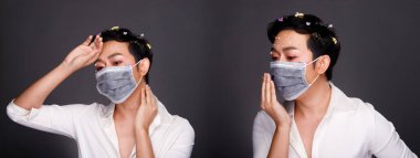 Kolaj Grubu Yarım Vücut 20 'li yaşlardaki Asyalı adam siyah uzun saçlı çiçek pedalı süslemesi. Adam yeni normal Coperid-19 yaşam tarzı uyguluyor. Birçok görünüş var. Gri arka planda koruyucu maske takıyor.