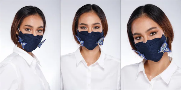 Collage Group Half Body Portrait of 20s Asian Woman black hair white shirt. Office Girl wear protective face mask poses many look angle view over white Background isolated