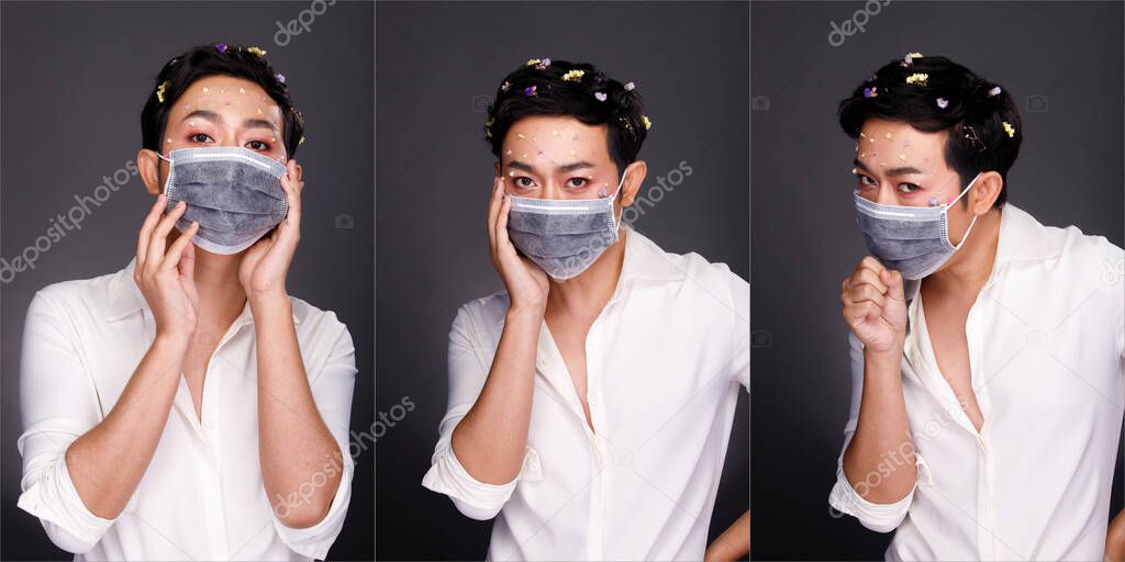 Collage Group Half Body Portrait of 20s Asian man black long hair flower pedal decorate. Guy apply new normal covid-19 lifestyle many looks, wear protective face mask over gray Background isolated