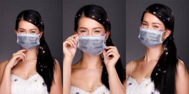Kolaj Grubu 20 'li yaşlardaki Asyalı kadın portresi siyah uzun saçlı çiçek pedalı süslemesi. Kız birçok görünüş sergiliyor, yeni normal covid-19, gri arkaplan üzerine koruyucu yüz maskesi takıyor.
