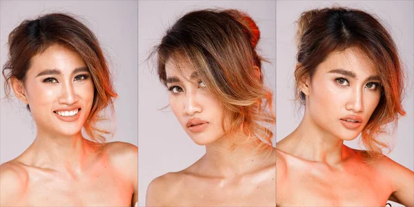 Collage Group Face Head Shot Portrét 20S Asijské Žena Černé — Stock fotografie