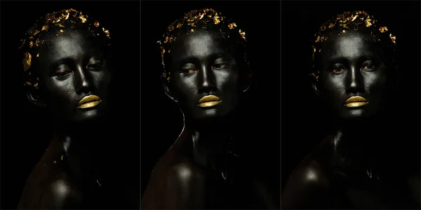 Head shot Portrait of Asian African Woman paint Black on body Face and Hair gold leaf in Fashion style. Girl play concept BLACK LIVE MATTER to express feeling over gray Background isolated