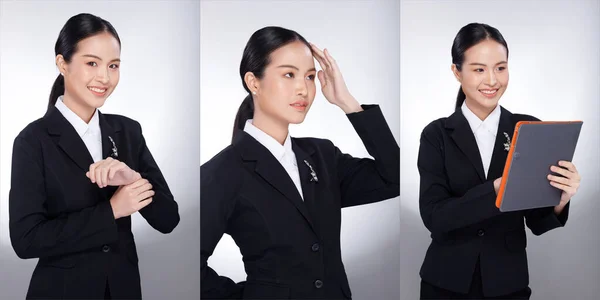 Poloviční Portrét Asijské Ženy Černými Vlasy Šedé Sako Kancelářská Dívka — Stock fotografie