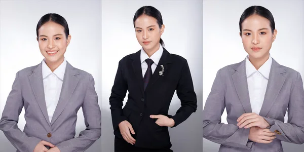 Half body portrait of 20s Asian Woman black hair gray suit jacket. Office girl poses many look and smile over white Background isolated