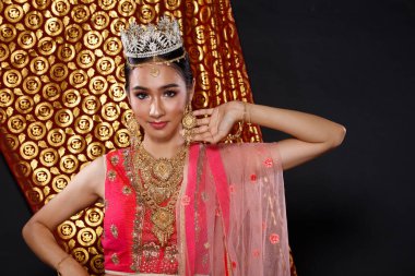 Hint güzeli yüzü mükemmel makyaj gelini, Kızıl Pembeli güzel bir kadının portresi geleneksel Hindistan gelinliği ve elmas tacıyla güzellik kraliçesi güzellik yarışması için.