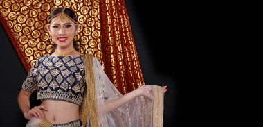 Hint güzeli yüzü mükemmel makyaj gelini, kırmızı pembeli güzel bir kadının portresi geleneksel Hindistan gelinliği, ağır mücevherler ve makyajlı.