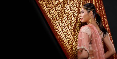 Hint güzeli yüzü mükemmel makyaj gelini, kırmızı pembeli güzel bir kadının portresi geleneksel Hindistan gelinliği, ağır mücevherler ve makyajlı.