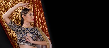 Hint güzeli yüzü mükemmel makyaj gelini, kırmızı pembeli güzel bir kadının portresi geleneksel Hindistan gelinliği, ağır mücevherler ve makyajlı.