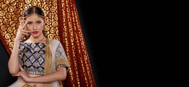 Hint güzeli yüzü mükemmel makyaj gelini, kırmızı pembeli güzel bir kadının portresi geleneksel Hindistan gelinliği, ağır mücevherler ve makyajlı.