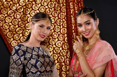 İki Hintli güzel yüz mükemmel makyaj gelini, kırmızı pembeli güzel bir kadının portresi geleneksel Hindistan gelinliği ve ağır mücevherleri.