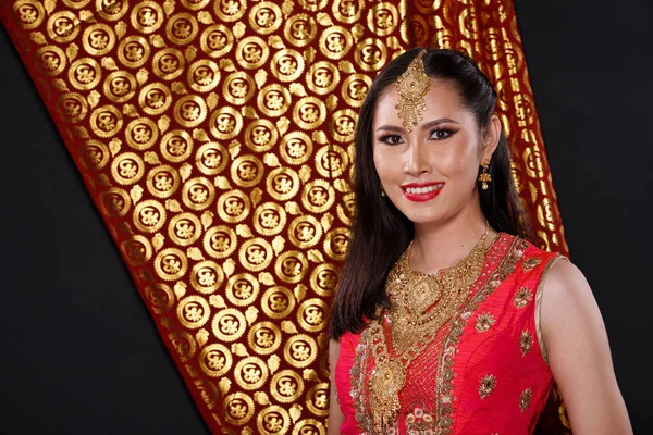 Indian beauty face perfect make up wedding bride, Portrait of a beautiful woman in Red Pink traditional India bridal costume with heavy jewellery and makeup