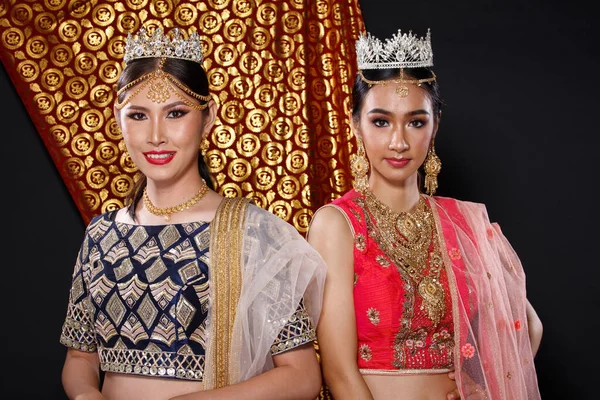 Hint güzeli yüzü mükemmel makyaj gelini, Kızıl Pembeli güzel bir kadının portresi geleneksel Hindistan gelinliği ve elmas tacıyla güzellik kraliçesi güzellik yarışması için.