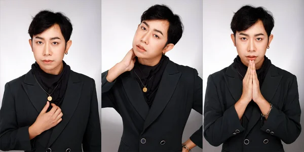 亚洲20多岁男子黑发连衣裙的半身像 男同性恋穿着时尚装束 在白色灰色背景下显得孤立无援 — 图库照片
