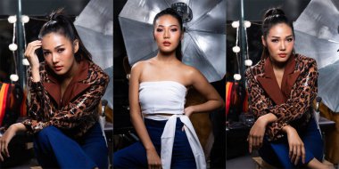 Moda 20 'li yılların Asyalı Kadın portresi güzel moda bir cekete sahip. Süslü stüdyoda ışık ve ekipmanla dergi çekmek için güçlü pozlar veriyor.
