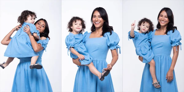 Asian Mother Caucasian Daughter Stand Wear Same Blue Blouse Dress — Stock Photo, Image