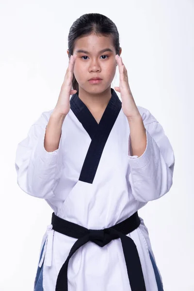 Usta Black Belt Taekwondo Karate Ulusal Atleti Geleneksel Dövüş Pozları — Stok fotoğraf