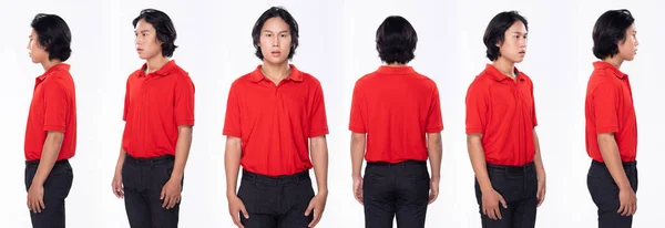 ハーフボディ20代のアジア人男性黒髪赤シャツパンツの肖像画 女の子ターン360周りリアサイドバックビュー多くのポーズ以上ホワイト背景孤立 — ストック写真