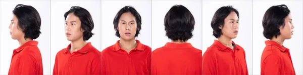 20年代亚洲男子黑发型红衬衫的胶合组人脸头像刻画 有个人在后视镜后视镜周围转过360度 许多人在白色的背景下被隔离了 — 图库照片