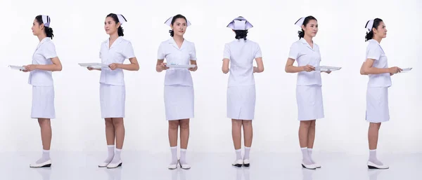 20多岁的亚洲女人身穿白色护士制服裙和鞋子 雌性托盘 后视镜360度 白色背景隔离 — 图库照片