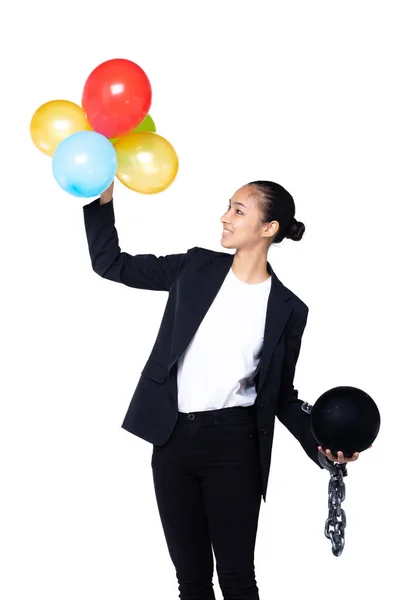 Conceito Dinheiro Financeiro Liberdade Asian Business Woman Segurar Balão Voar — Fotografia de Stock