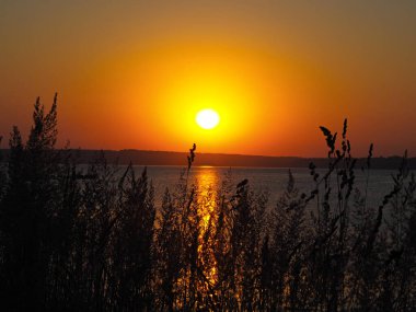 Gün batımı. Çimenler. Nehir. Yaz. Rusya, Ural, Perm bölgesi