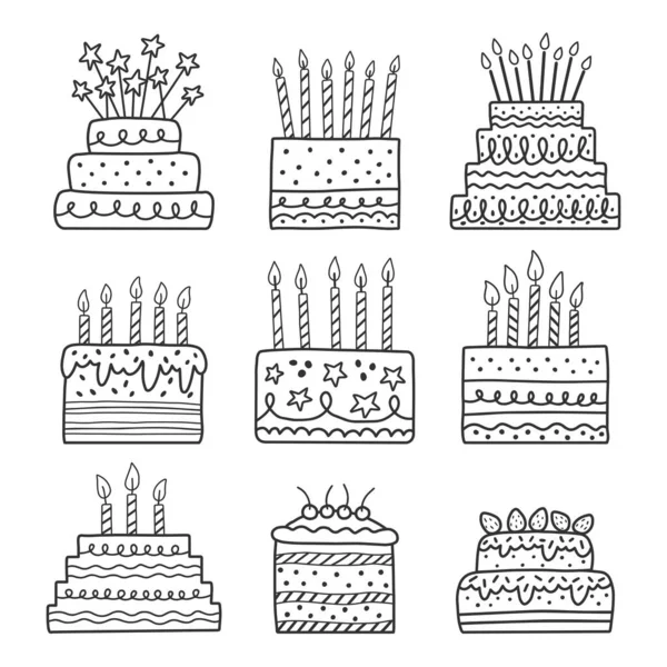 Kek simgeleri ayarlandı. Beyaz arka planda izole edilmiş. Vektör illüstrasyonu.