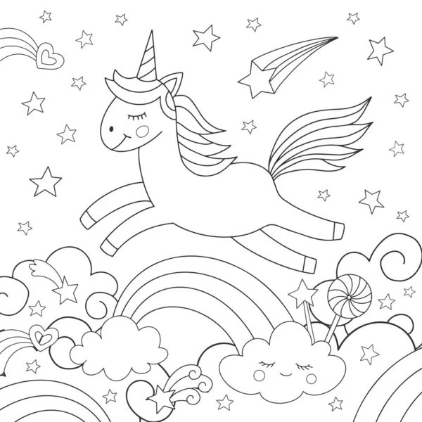 Şirin tek boynuzlu at ve gökkuşağı. Çocuklar için boyama. Vektör illüstrasyonu.