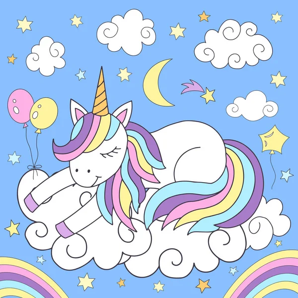 Dessin Animé Licorne Sur Nuage Illustration Pour Livres Pour Enfants — Image vectorielle