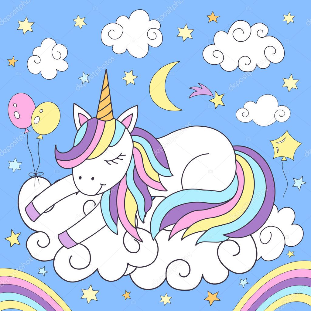 Cartoon unicorn on cloud. Illustration for children's books and greeting cards.
