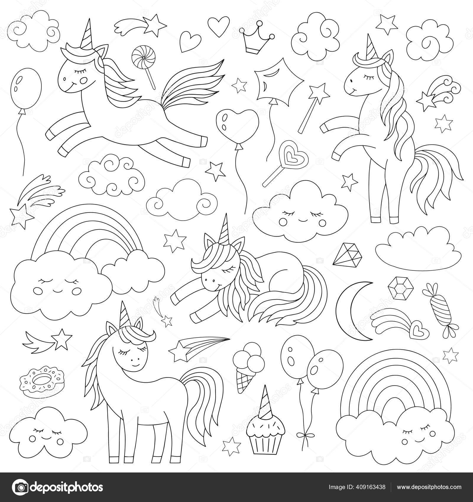Conjunto Unicornios Varios Elementos Mágicos Libro Para Colorear  Ilustración Vectorial Vector de stock #409163438 de ©Alice3000, image size:1600x1700