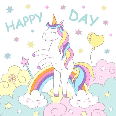 Şirin tek boynuzlu at ve gökkuşağı. Çocuk kitapları ve tebrik kartları için illüstrasyon.