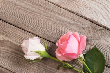 Eski ahşap arka planda iki pembe gül