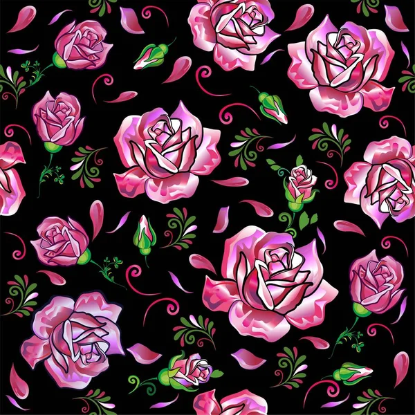 スカーフ 繊維製品 フェミニンなパターン 織物の生産に使用される若者のチューリップ シンボルの美しい色 赤いバラ ピンク シックなバラ ブルゴーニュ — ストックベクタ