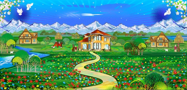 Road to home, path to home, path of happiness, ecology, village life, province, mountain views, beautiful dalina, village in Russia, Russian style, villa, new Russian, posh house, settlement, green planet, distant lands, fairy tale world — Stock Illustration Road Home Path Home Path Happiness Ecology Village Life Province Stock Vector
