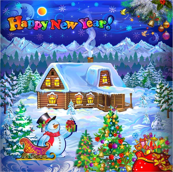 New Year Fairytale Holiday Snow House Santa Claus House Postcard — Stock Vector