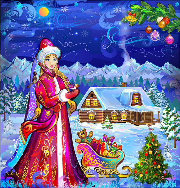 New year, fairytale holiday, snow house, Santa Claus house, postcard, New Year greeting, snowman, Santa Claus, Snow Maiden, happy new year, Christmas, children party, Russian new year, Kazakh new year, English new year, new year in the village , vill