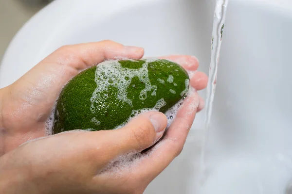 Mencuci buah dengan sabun dan busa. Alpukat cuci. Tangan dan alpukat hijau sabun — Stok Foto