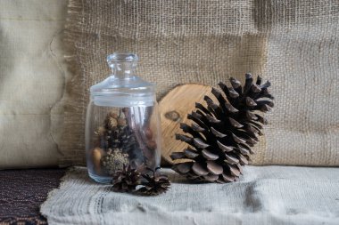 Büyük bir şişlik, cam bir kavanoz ve arka planda meşe palamudu olan bir hayat..