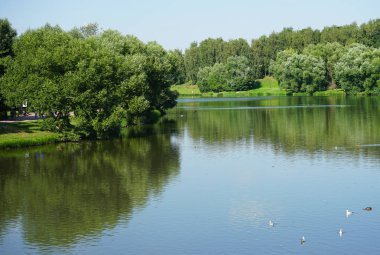 Şehir yaz parkı ile büyük bir göl.