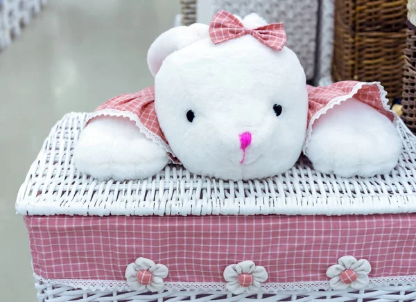 Çamaşırhane sepet pembe bir kumaş ve bir oyuncak ile.