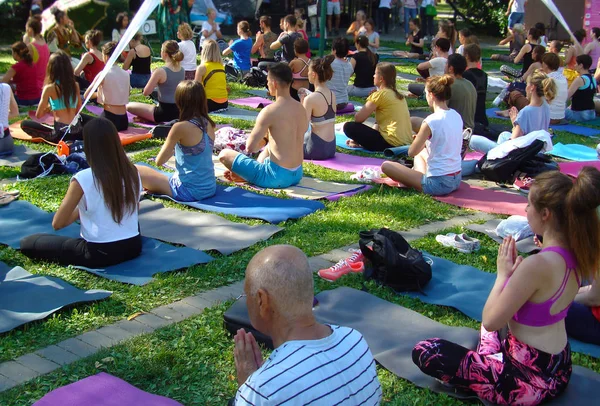 Gruppenyoga im Sommer im Stadtpark. — Stockfoto