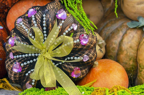 Autumn composition with pumpkins in gift wrapping. — Stock Photo, Image