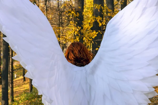 Женщина в белом костюме ангела на фоне осеннего пейзажа . — стоковое фото