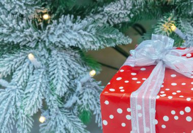 Bir hediye olarak bir karla kaplı Noel ağacı arka plan üzerinde kırmızı ambalaj.