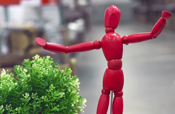Красная деревянная кукла Гестальта рядом с зеленым растением . — стоковое фото